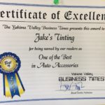 A certificate of excellence for Jake’s Tinting