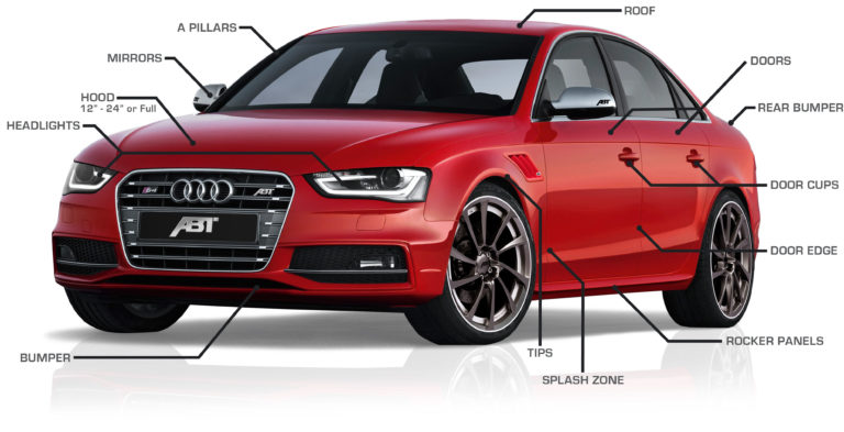 A red Audi with car part labels